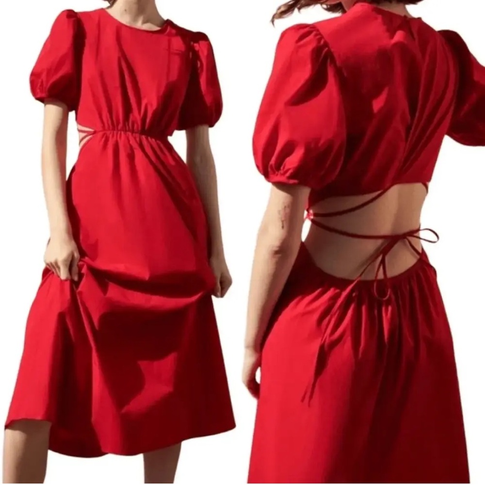 Zara red poplin open-back puff sleeve midi dress
